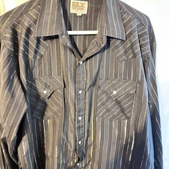 Ely Cattleman Pearl Snap Striped‎ Long Sleeve Black/Gold/Silver Men lg - Picture 1 of 5